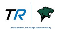 TR logo on the left and Chicago State University Panther head logo on the right, divided by a blue vertical line; caption reads 'Proud Partner of Chicago State University'